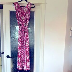Ellen Tracy Cocktail Summer Vacation Pink Maxi Belted Geometric Dress Large